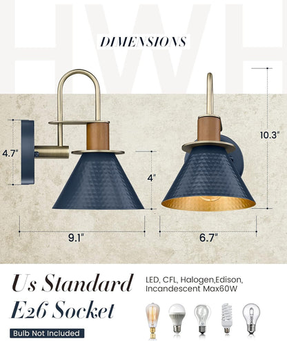 HWH Rustic Wall Sconces, Industrial Sconce Wall Lighting Indoor Wall Lamp, Gooseneck 1-Light Barn Vanity Light for Bathroom Bedroom Bedside, Hammered Metal Shade, Navy Blue Finish, 5HZG74B BL+BG