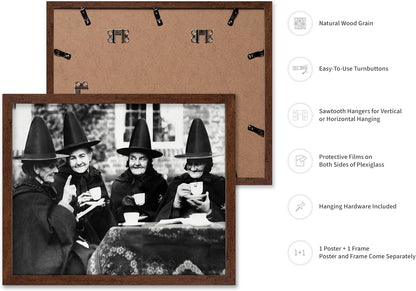 Poster Master Classic Photograph Poster - Vintage Halloween Print - Gift for Artist, Friend - Witches Tea Party, Old Women Smiling, Wearing Robes - Wall Decor for Living Room, 16x20 Brown Framed