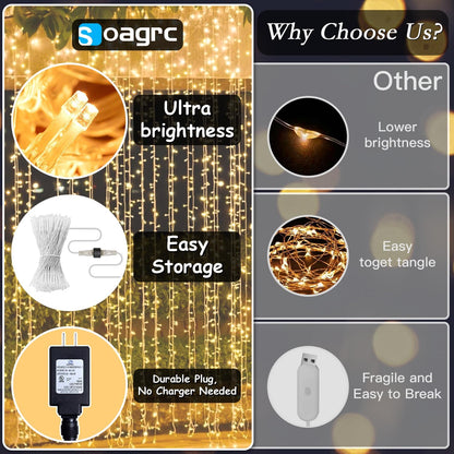 200 LED Curtain String Lights 9.8 * 6.6FT Plug in Fairy with Timer and 8 Modes, Waterproof Window Wall for Bedroom Wedding Party Indoor Outdoor Christmas Decor