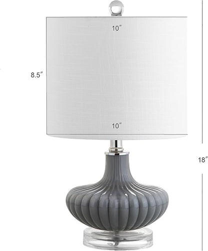 JONATHAN Y 18" Gray Fluted Glass and Lucite Table Lamp, Contemporary Teardrop Bedside Lamp with White Linen Drum Shade for Nightstand, Console Table, LED Bulb Included JYL1032A