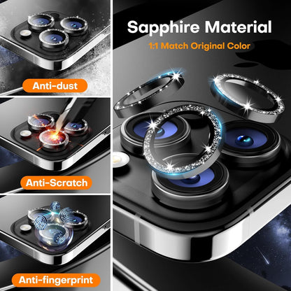 Camera Lens Protector for iPhone 16 Pro Max/16 Pro/15 Pro Max/15 Pro/14 Pro Max/14 Pro, Sapphire Glass Metal Individual Camera Cover Screen, Anti-drop, Case Friendly- Glitter Black Titanium