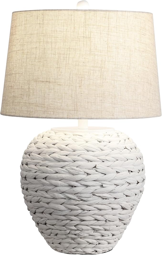 JONATHAN Y 24.5" White Water Hyacinth Farmhouse Basket Table Lamp, Coastal Decor for Living Room Bedroom Nightstand, Light Gray Linen Shade, LED Bulb Included (JYL6501C)