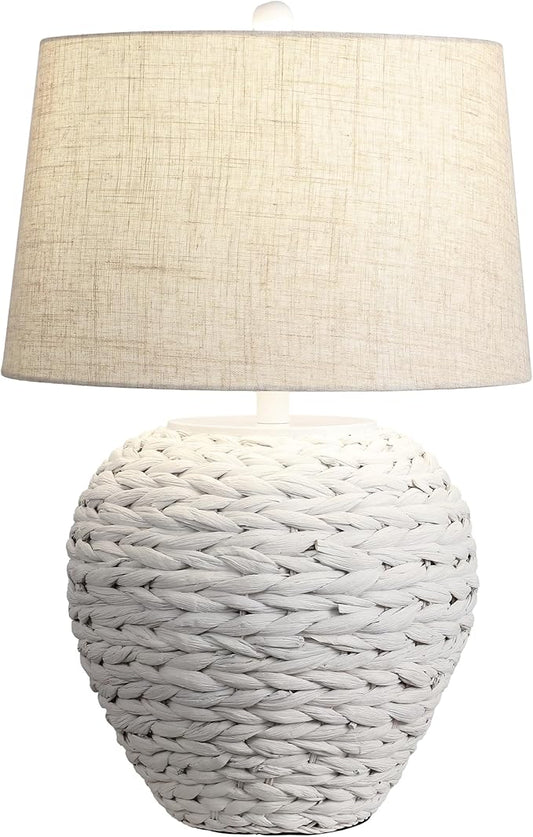 JONATHAN Y 24.5" White Water Hyacinth Farmhouse Basket Table Lamp, Coastal Decor for Living Room Bedroom Nightstand, Light Gray Linen Shade, LED Bulb Included (JYL6501C)