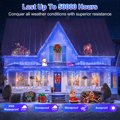 504LED 50ft Christmas Lights, 112Drops 12 Modes Blue Christmas String Lights Outdoor Dimmable, Waterproof Christmas Decoration Fairy Lights with Timer for Eaves Indoor Party Patio Window Fence Blue