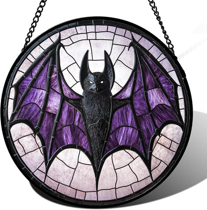 Stained Glass Window Hanging - Halloween Black Bat Purple Wings Monster Suncatcher for Doors Garden Home Spooky Sun Catchers Gothic Decor Horror Gift for Women Men Friend Boy Girl 7.8 in