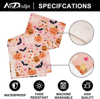 AnyDesign Halloween Table Runner Pink Spooky Ghost Pumpkin Table Cover Kitchen Dining Table Decoration Pink Halloween Table Dresser Scarves for Indoor Outdoor Home Party, 13 x 72 Inch