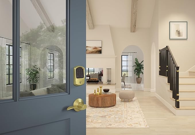 Schlage Encode Smart WiFi Deadbolt Lock for Front Door - Keyless Entry with App or Touchscreen - Works with Alexa, Hey Google, & Airbnb - Create Codes for Guests - Satin Brass