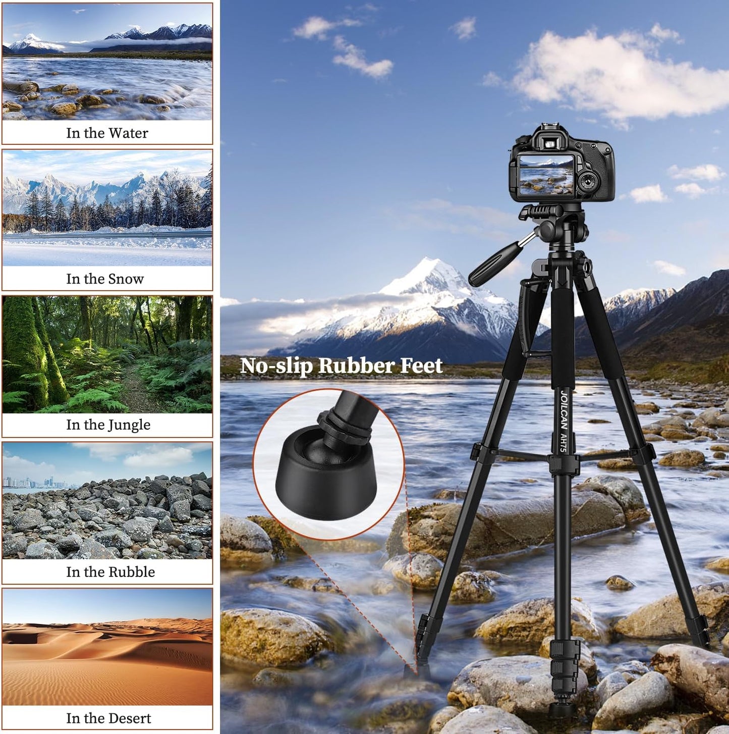 JOILCAN Tripod Camera Tripods, 74" Tripod for Camera Phone Video Recording, Heavy Duty Cameras Tripod Stand, Professional Travel DSLR Tripods Compatible with Canon iPhone, Max Load 15 LB