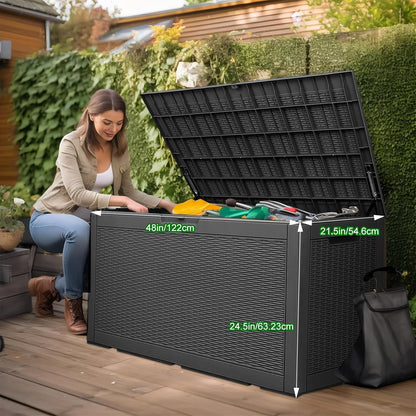 100 Gallon Outdoor Storage Box,Waterproof Lockable Resin Deck Box,Storage Container with Reinforced Support for Patio Cushions, Furniture Supplies, Garden Tools, UV-Resistant Outdoor Chest (Black)