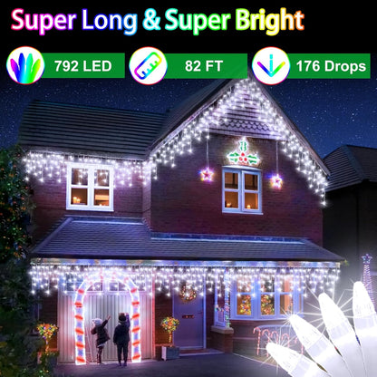 792 LED Christma Lights with 176 Drops, 82ft Outdoor Hanging lights with 8 Modes & Timer Memory, Outsite Waterproof Curtain String Lights for Front House Fence Tree Holiday Decorations Cool White