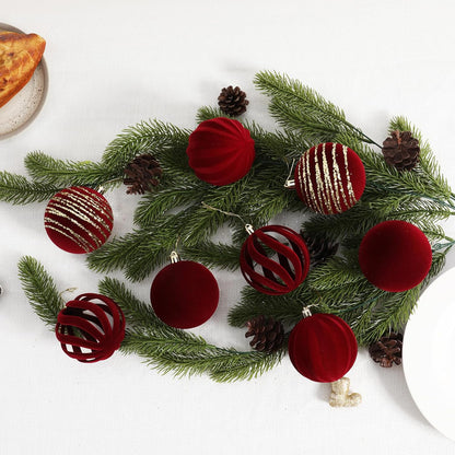 Christmas Ornaments Set of 12, 3.15" Flocked Velvet Balls with Hand Painted Designs, Burgundy Elegant Christmas Tree Decorations in Gift Box