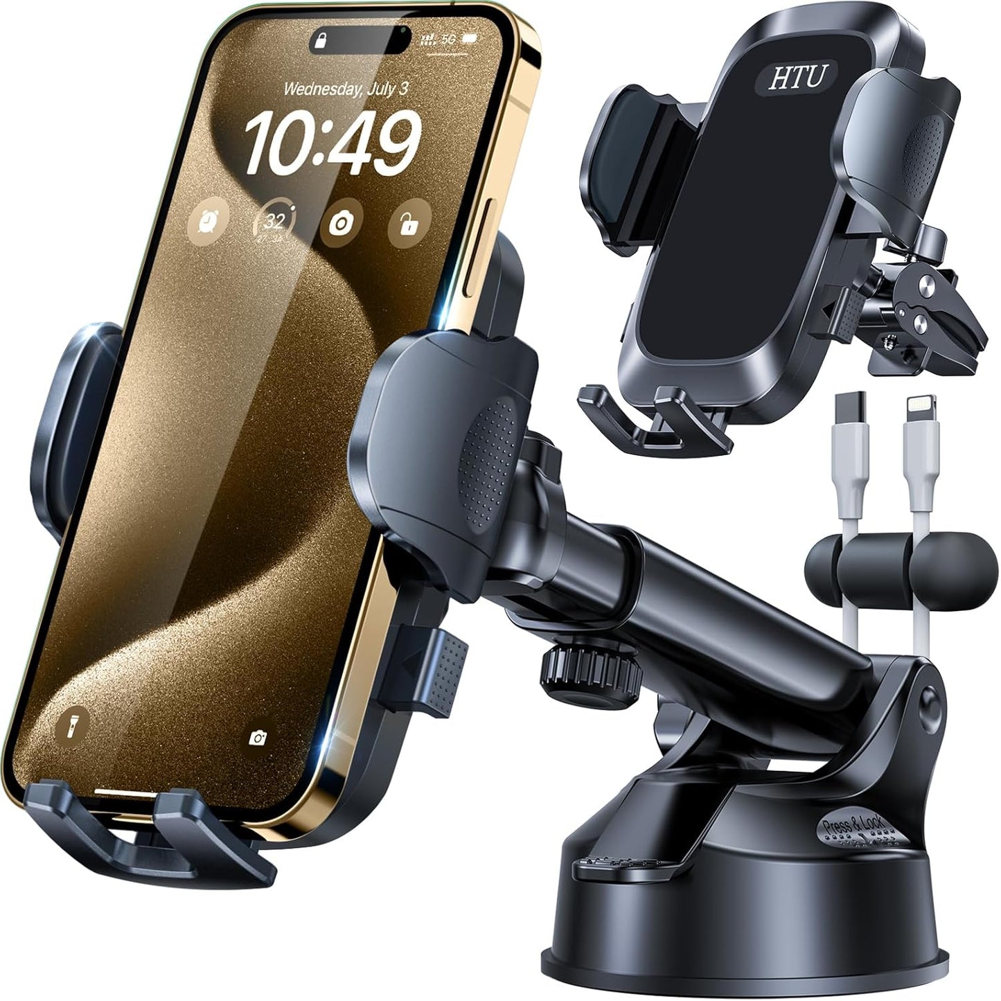 HTU 2025 Best Car Phone Holder 【Ultimate 5-in-1 & Upgraded 100+LBS Strongest Suction】【True Military-Grade & Safety Cert】 360° Windshield Dashboard Vent Mount for iPhone Android & Truck, Deep Black