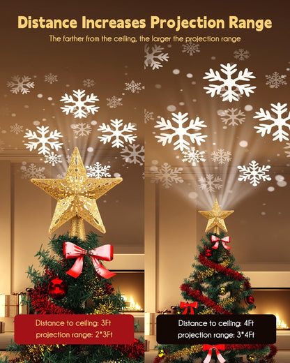 Christmas Star Tree Topper with Built-in Led Snowflake Projector Lights Hollowed Pentagram Tree Topper,Plug in Christmas Tree Ornament for Indoor Office Xmas New Year Holiday Tree Decoration