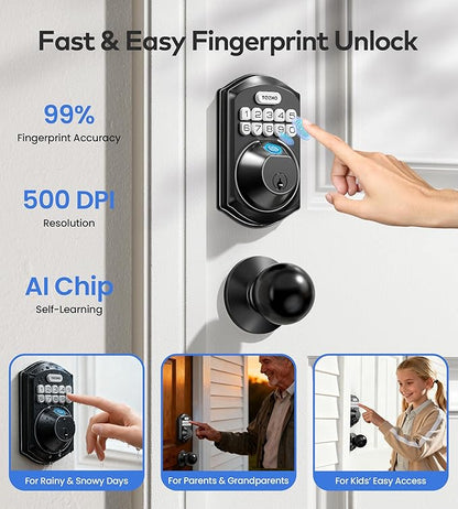 TEEHO TE012W-K WiFi Smart Keyless Entry Door Lock with Handle, Fingerprint Door Knob & Digital Keypad, APP Remote Control, Works with Alexa & Google, Electronic Deadbolt for Front Door, Matte Black
