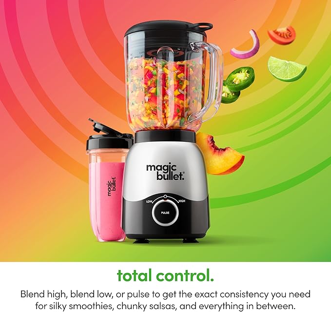 Magic Bullet® Combo Blender, 600W, 48oz Pitcher, 16oz Cup with To-Go Lid, Easy Cleaning, Cross Blade, for Smoothies, Sauces, Shakes, Salsa, Hot Blends, Silver, MBF50200