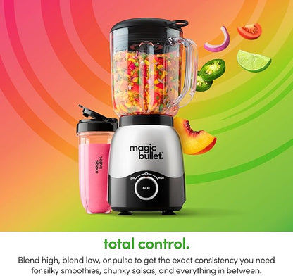 Magic Bullet® Combo Blender, 600W, 48oz Pitcher, 16oz Cup with To-Go Lid, Easy Cleaning, Cross Blade, for Smoothies, Sauces, Shakes, Salsa, Hot Blends, Silver, MBF50200