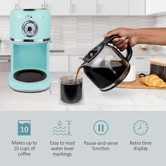 Nostalgia Classic Retro 10 Cup Coffee Maker - One-Touch Drip Brew, Reusable Filter - Anti-Drip, Auto Shutoff, & Time Display - Dishwasher Safe 50 oz Carafe - Aqua