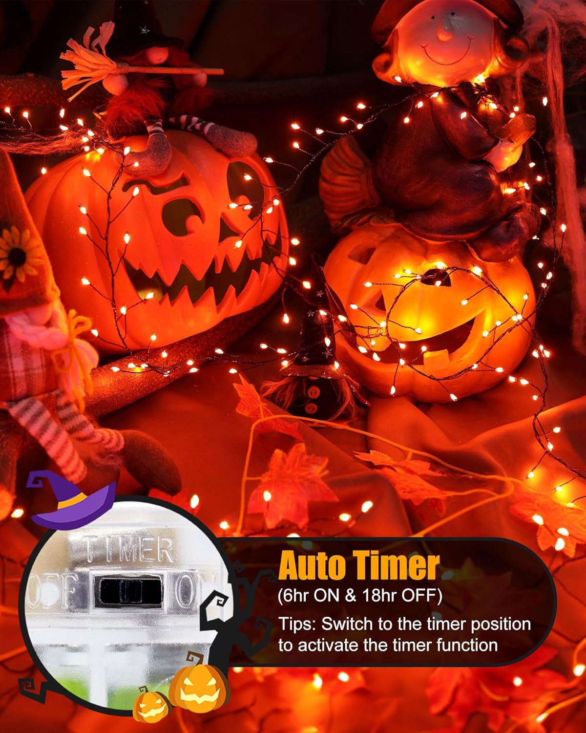 Fairy Lights Battery Operated, Twinkle String Lights Waterproof Silver Wire 5 Feet 60 Led Firecracker Starry Lights for DIY Wreath Home Party Bedroom Mason Jar Indoor Halloween Decoration, Orange