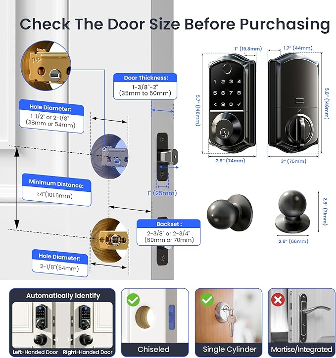 Veise VE017-K Fingerprint Smart Lock with 2 Knobs, App Control, Keyless Entry Front Door Lock Set, Electronic Touchscreen Keypad Deadbolt, Emergency Power Port, Easy Install, Auto-Lock, Matte Black