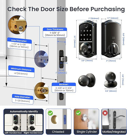 Veise VE017-K Fingerprint Smart Lock with 2 Knobs, App Control, Keyless Entry Front Door Lock Set, Electronic Touchscreen Keypad Deadbolt, Emergency Power Port, Easy Install, Auto-Lock, Matte Black