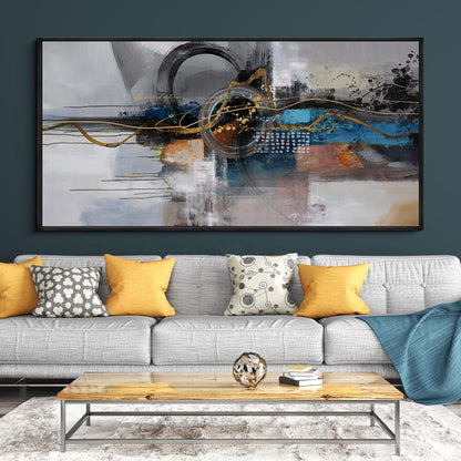 XLSJERST Large Abstract Frame Wall Art - Black and Blue Cnavas Framed Artwork for Walls Modern Minimalist Boho Gray Pictures Wall Decor for Living Room Bedroom Office Home Decoration 29x58 Inches