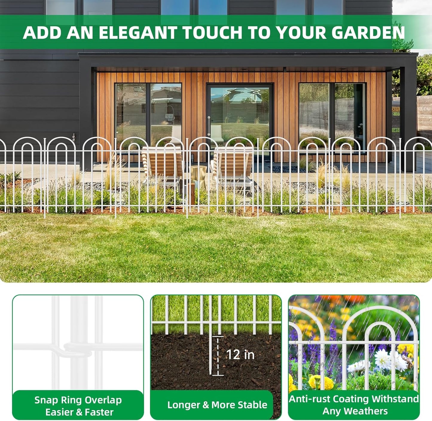 15 Panels Decorative Garden Fence, 24 in(H) X 30 ft(L) No Dig Dog Fence Outdoor for Yard, Rustproof Metal Garden Fencing Animal Barrier with Ground Stakes, Temporary Fencing for Patio Outdoor, White
