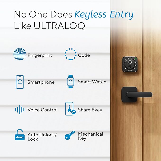 ULTRALOQ 2026 Upgrade Bolt Fingerprint Smart Lock in Black, Biometric Deadbolt with Built-in WiFi, Keyless Entry Door Lock, App Remote Control, 10 Months Battery, IP65 Waterproof, BHMA Grade AAA