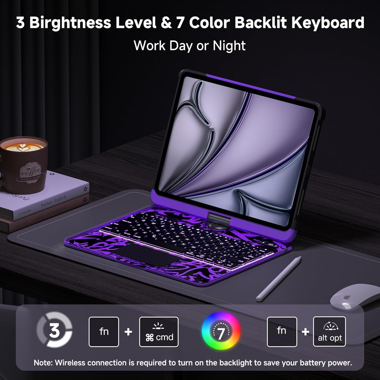 iPad Keyboard Case for 2024 M4 iPad Pro 13 inch, Magic Wireless Keyboard with Trackpad 7 Color Backlit, 360° Rotating Stand Transparent Protective Cover with Pencil Holder (Purple)