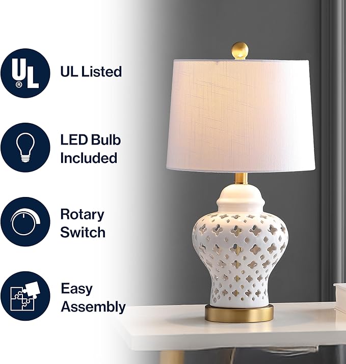 JONATHAN Y 20.5" White Pierced Ginger Jar Ceramic LED Table Lamp, Modern Glam Quatrefoil Fretwork for Living Room Bedroom, White Linen Shade, LED Bulb Included JYL6210A