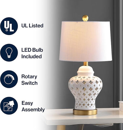 JONATHAN Y 20.5" White Pierced Ginger Jar Ceramic LED Table Lamp, Modern Glam Quatrefoil Fretwork for Living Room Bedroom, White Linen Shade, LED Bulb Included JYL6210A
