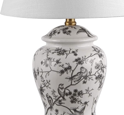JONATHAN Y 22" Gray/White Ceramic Table Lamp, French Country Chinoiserie Ginger Jar LED Bedside Lamp for Living Room Bedroom, White Linen Shade (JYL3005C)
