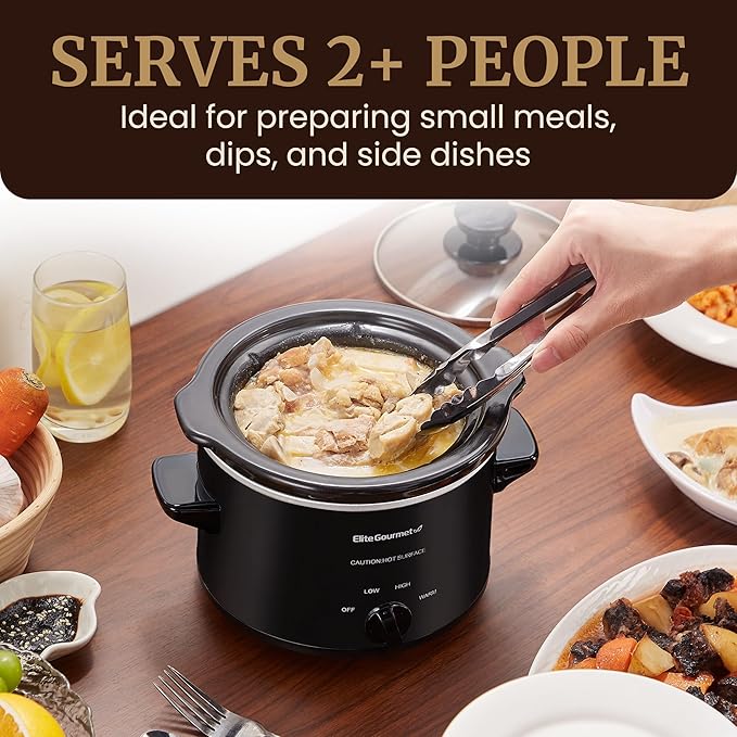 Elite Gourmet MST-250XB Electric Slow Cooker Ceramic Pot, with Adjustable Temp, Entrees, Sauces, Soups, Roasts, Stews & Dips, Dishwasher Safe (1.5 Quart, Black)