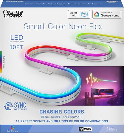 Feit Electric Smart Neon Strip Lights 10FT, Flexible RGBW Color Chasing LED Light Strip, 2.4GHz WiFi Enabled, Works with Alexa and Google Home Assistant, 22W, Music Sync, App Control NF10/CHASE/AG