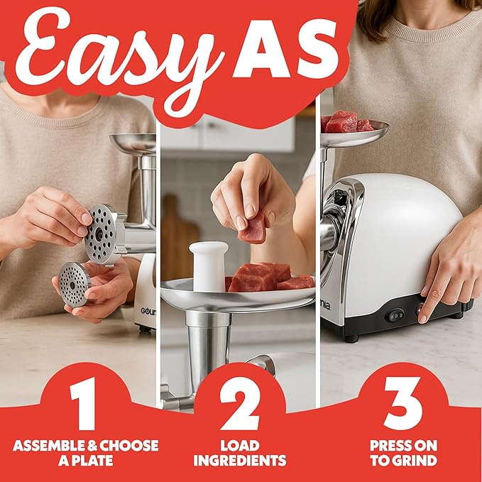 Gourmia Electric Meat Grinder – 500W Commercial Grade Meat Processor with Sausage Stuffer, 3 Stainless Steel Grind Plates Fine to Coarse, Stainless Steel