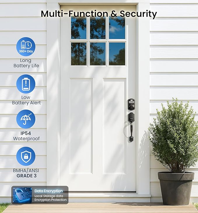 Veise KS02A Fingerprint Keyless Entry Door Lock, Auto Lock, Electronic Keypad Deadbolt for Front Door, Biometric, Anti-Peeping Password, Easy Install, Matte Black