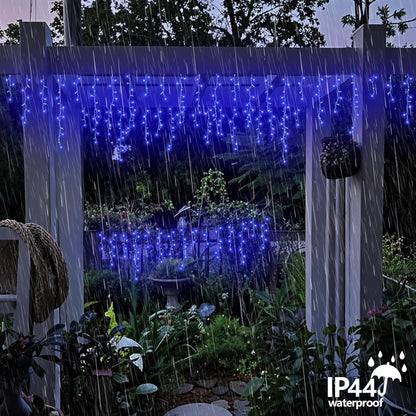 QITONG Blue Icicle Lights for Outside, 33ft 400 LED Icicle Light Plug in with 8 Modes, 160 Drops Clear Wire Connectable Christmas Lights Indoor Plug in