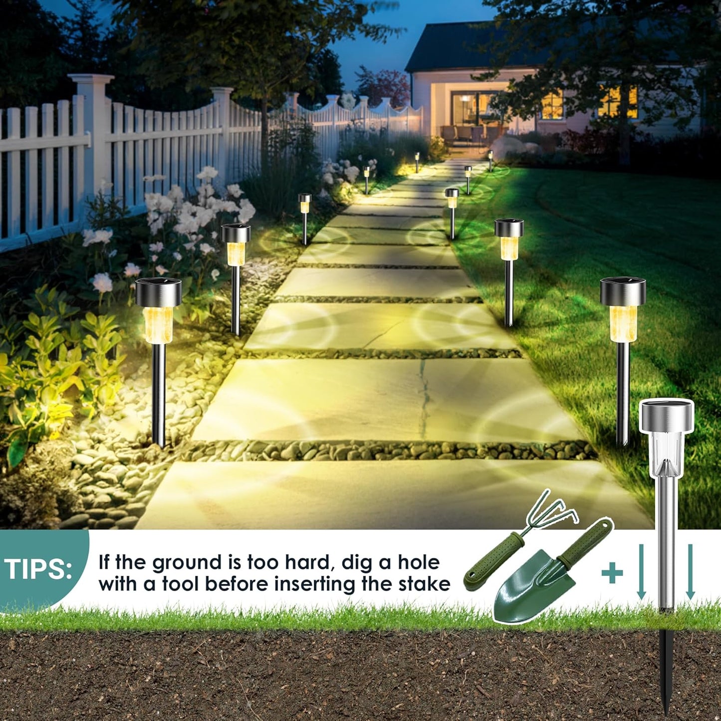 GIGALUMI Solar Lights Outdoor Waterproof, 20 Pack, Stainless Steel LED Solar Garden Lights for Patio, Lawn, Yard and Landscape, Garden Decor Patio Decor,Warm White