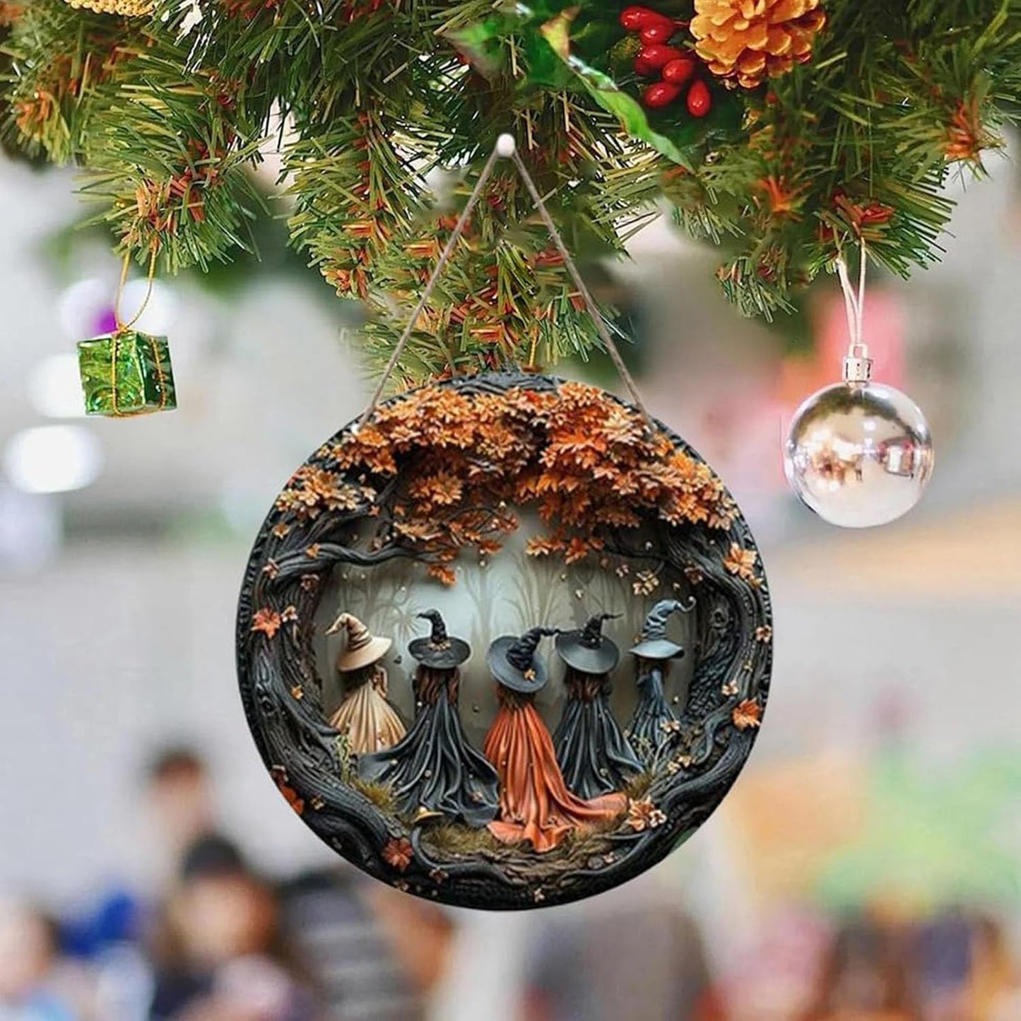 Fanyil/Olygee/Sherum/Shirem/Pubyfun/Glosrity/Libilin/Graddi/Solymody/Gowebs/Goredny/Vianys Witching Hour, Door Way Hanging Decor Halloween, 2D Wooden Round Witches Sign (B, ‎7.87")