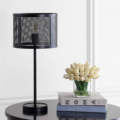 JONATHAN Y 25" Black Minimalist Metal LED Table Lamp, Modern Industrial Iron Desk Lamp for Living Room Bedroom, Round Metal Screen Drum Shade, LED Bulb Included JYL1102A