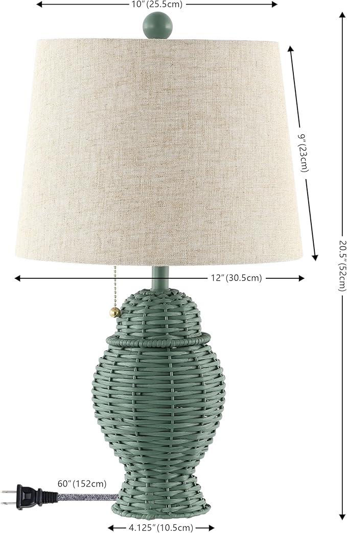 JONATHAN Y 20.5" Green Wicker Table Lamp Set of 2, Bohemian Rustic Farmhouse Bedside Lamps for Living Room, Nightstand Desk Lamps with Beige Linen Shade, LED Bulbs Included (JYL4041C-SET2)