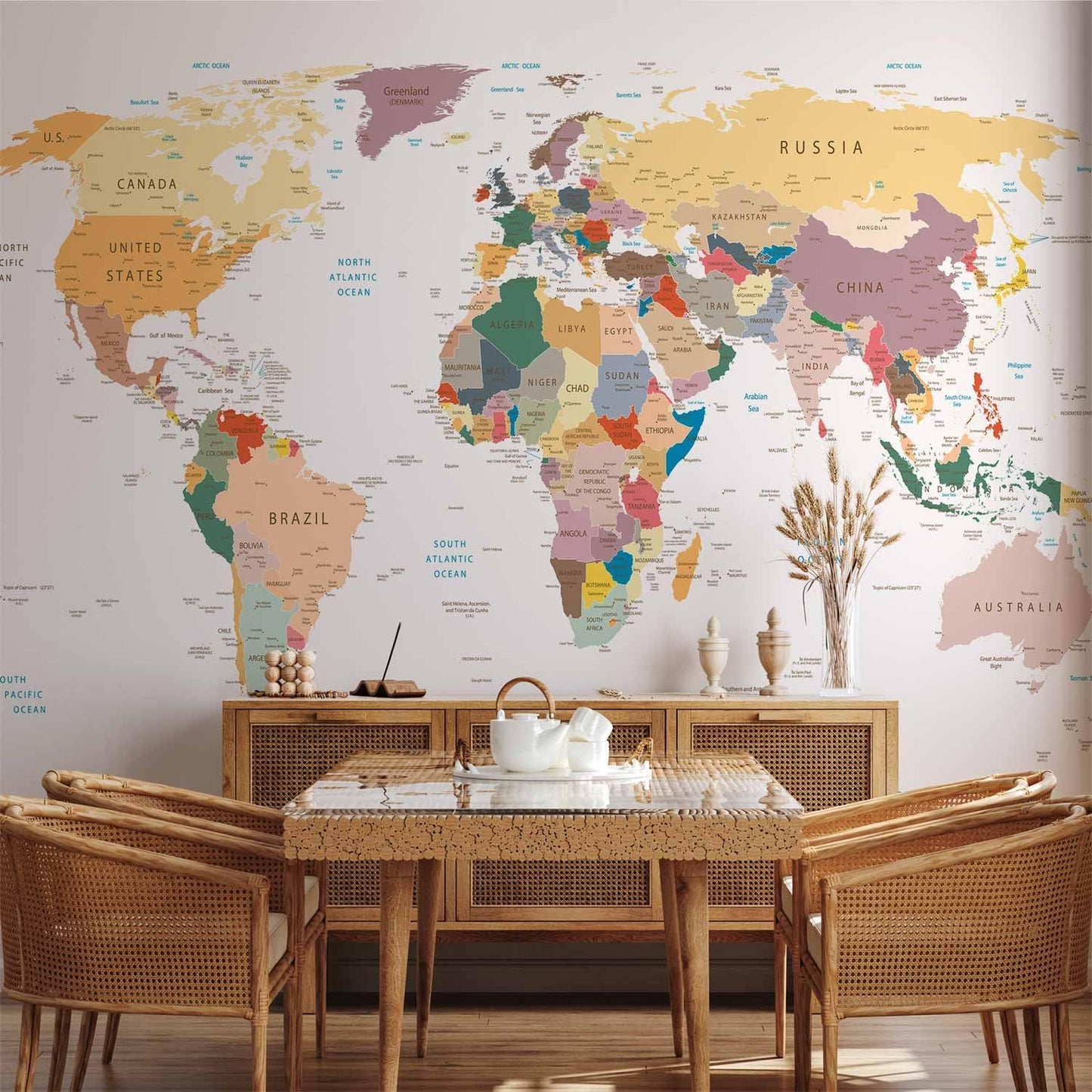 artgeist Premium Wall Mural World Map 138x101 in - XXL Non-Woven Wallpaper Fleece Wall Decor Photo Print Picture Image Design Home Map of The World k-B-0001-a-b