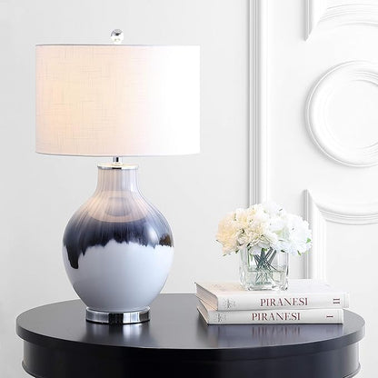 JONATHAN Y 27" Blue/White Drip Glass and Metal Table Lamp, Modern Transitional Bedside Lamp for Living Room Bedroom, White Linen Drum Shade, LED Bulb Included JYL1065A