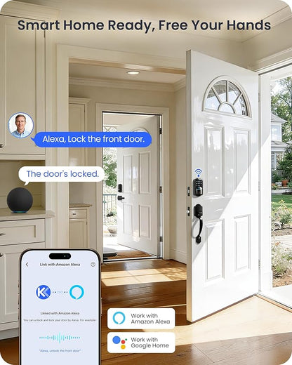 Veise VE027-H Built-in Wi-Fi Fingerprint Smart Deadbolt Lock with Handleset, App Remote & Voice Control, Keyless Entry Front Door Lock Set, Touchscreen Keypad, Auto-Lock, Easy Setup, Matte Black