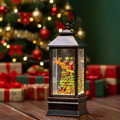 10'' Musical Snow Globe Lantern Lighted Christmas Tree and Flying Santa Water Lantern Swirling Glittering Home Decoration and Gift, Battery Operated or USB Powered