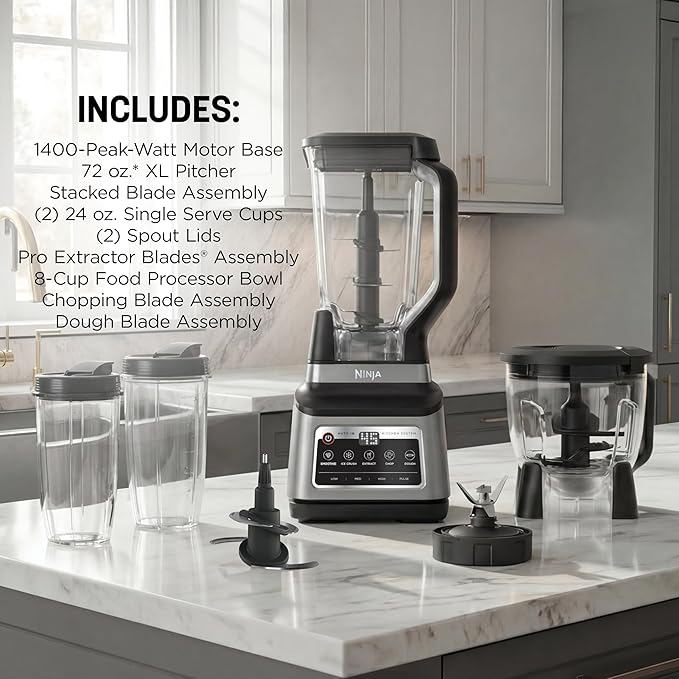 Ninja BN801 Professional Plus Kitchen System, 1400 WP, 5 Functions for Smoothies, Chopping, Dough & More with Auto IQ, 72-oz.* Blender Pitcher, 64-oz. Processor Bowl, (2) 24-oz. To-Go Cups, Grey