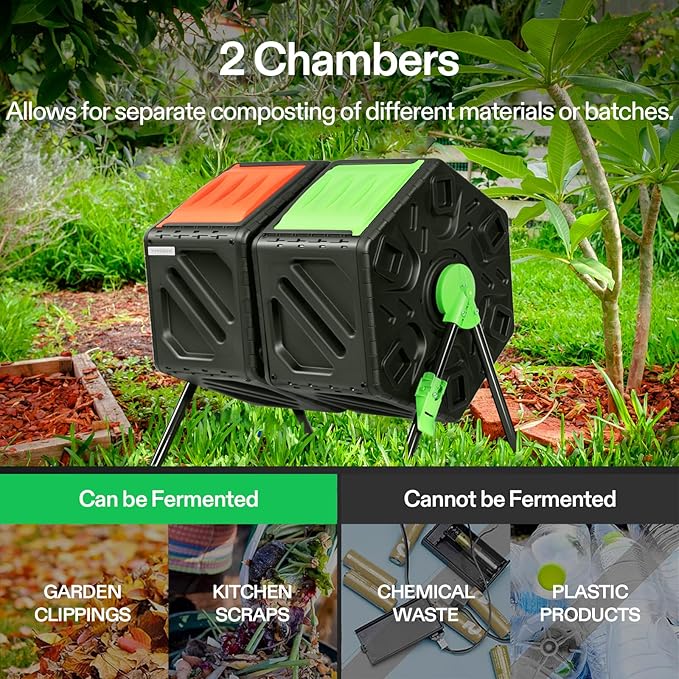 VIVOSUN Dual Chamber Tumbling Composter, 2X 18.5 Gallon Compost Bin, Heavy-Duty Compost Tumbler w/Sliding Door, Plastic, Black