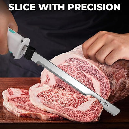 HAUSHOF Cordless Electric Knife Set for Meat Slicing, 8V Electric Carving Knife for Fish, Bread, Turkey, Rechargeable Meat Cutter with Reciprocating Stainless Steel Blades, Safety Lock & Storage Case