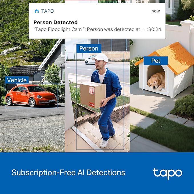 Tapo 2K Outdoor Pan/Tilt Wired Floodlight Security Camera - 1500 Lm Dimmable, 360° AI Motion Tracking, Person/Vehicle Detection, 24/7 Recording, Subscription-Free Local Storage or Optional Cloud, C710