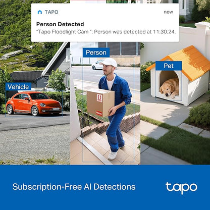 Tapo 2K Outdoor Pan/Tilt Wired Floodlight Security Camera - 1500 Lm Dimmable, 360° AI Motion Tracking, Person/Vehicle Detection, 24/7 Recording, Subscription-Free Local Storage or Optional Cloud, C710