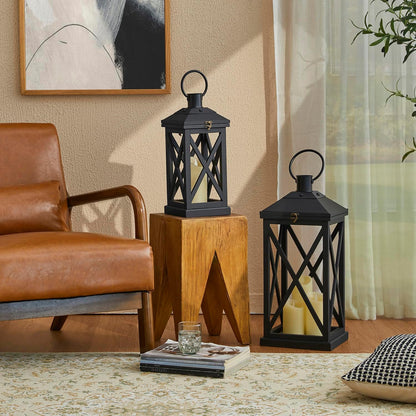Glitzhome Modern Farmhouse Wooden Lantern Hanging Decorative Candle Lantern for Outdoor & Indoor Black Set of 2 (No Glass)